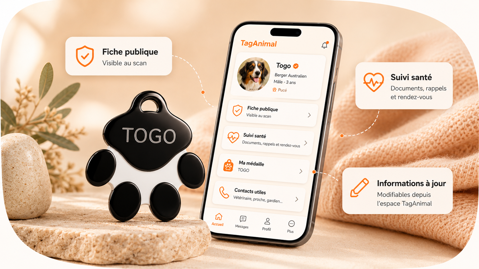Application TagAnimal reliée à une médaille, avec fiche publique, suivi santé et informations modifiables