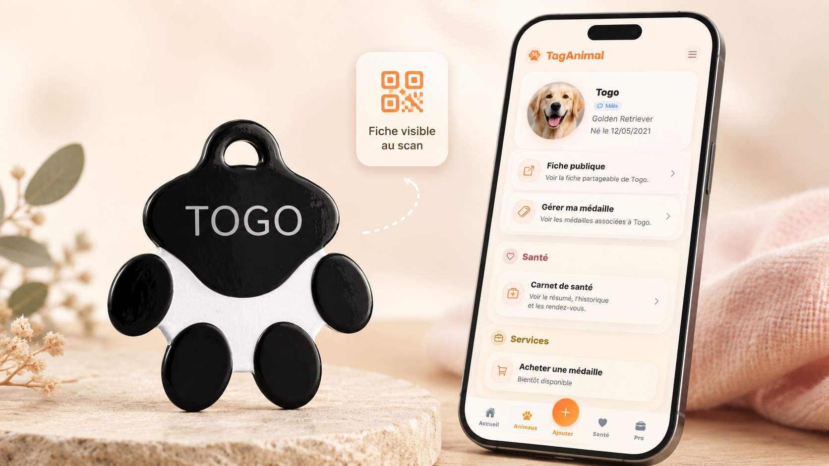 Médaille TagAnimal Togo reliée à une fiche visible au scan