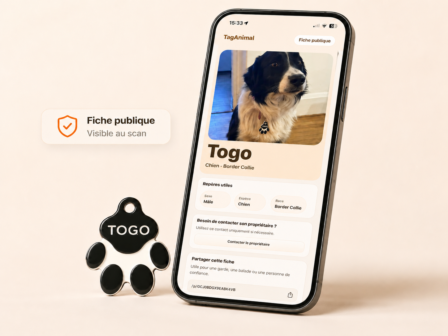 Médaille TagAnimal Togo associée à une fiche publique visible au scan